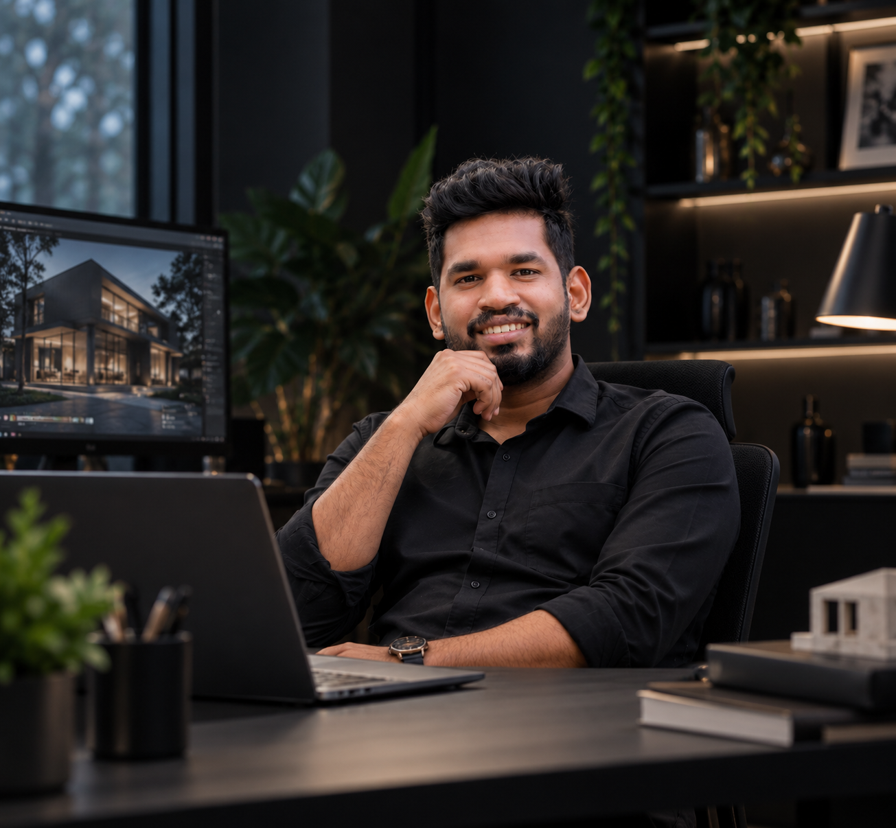 Amith Madusanka seated in his dark architectural visualization studio