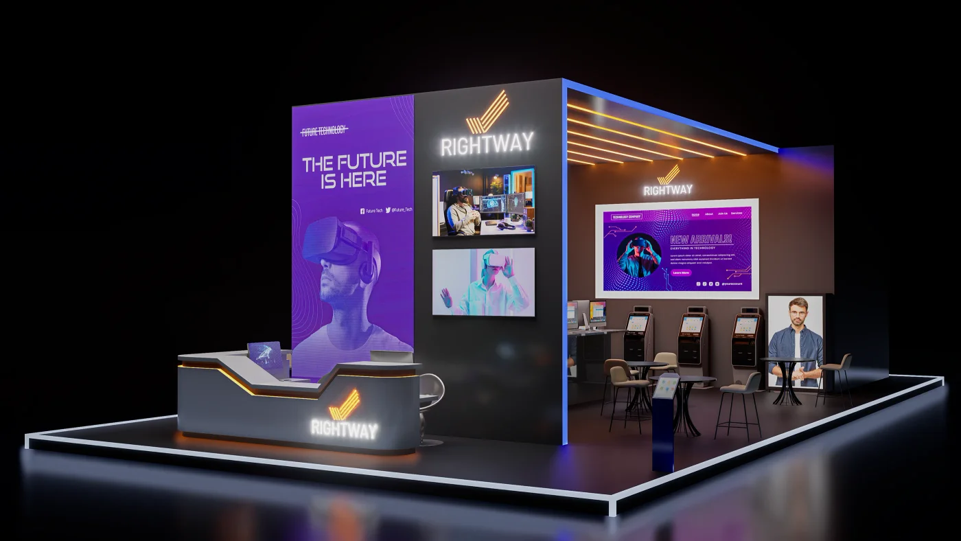 Virtual reality exhibition booth with branded display and experience areas